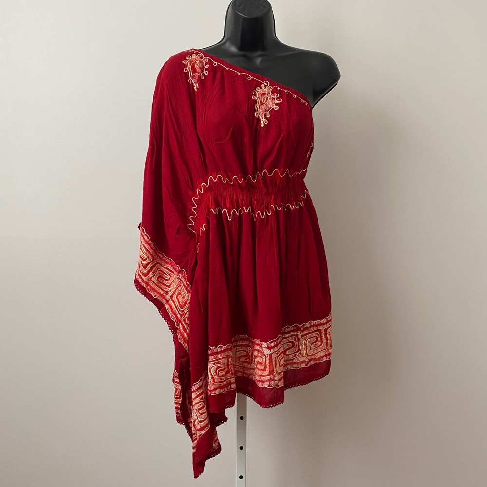 Fashion Terminal  Boho Beachy Relaxed Peasant Ethereal One Shoulder Tunic OS Red